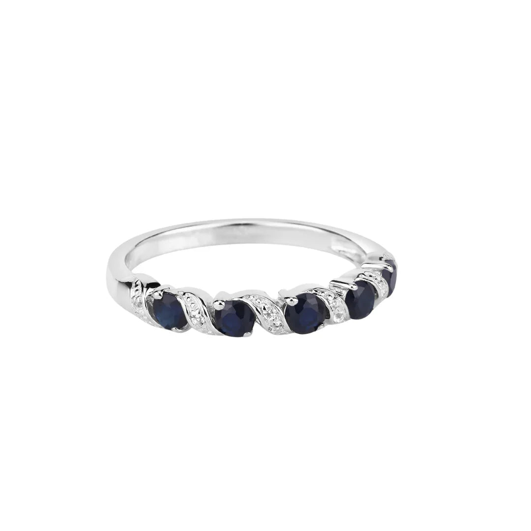 0.64 Ct Round Blue Sapphire and White Topaz Prong Silver Five Stone Ring