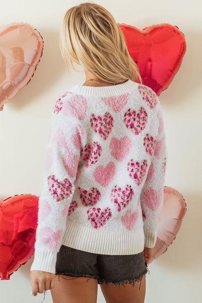 Threaded Pear Heart Leopard Pearled Fuzzy Sweater