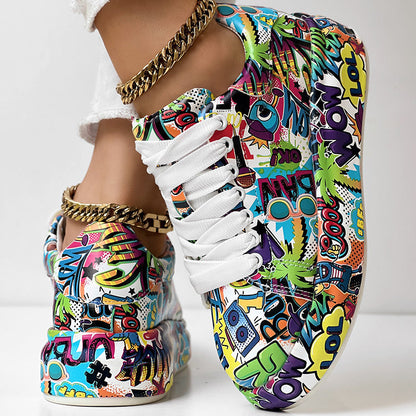 Round-Toe Thick-Sole Lace-Up Sneakers — Women’s Casual Print Shoes