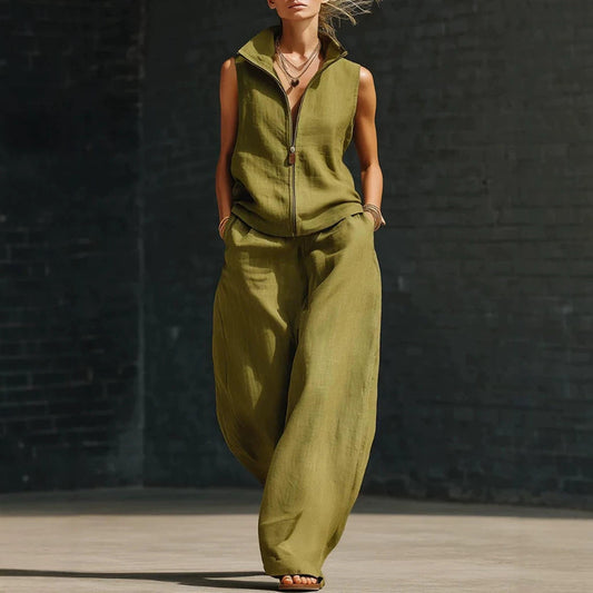 Women's Sleeveless Zippered Linen Two-Piece Set