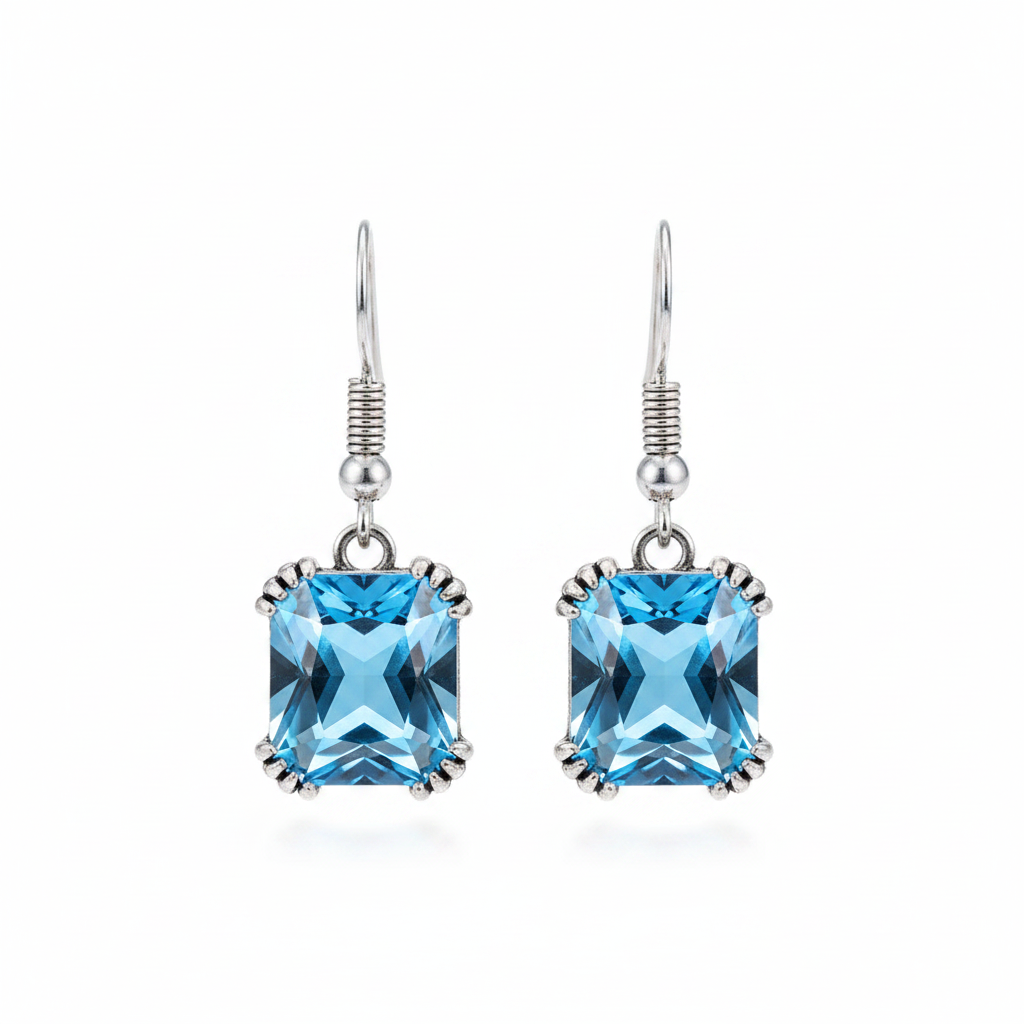 Sea Blue Crystal & Silvertone Princess-Cut Drop Earrings