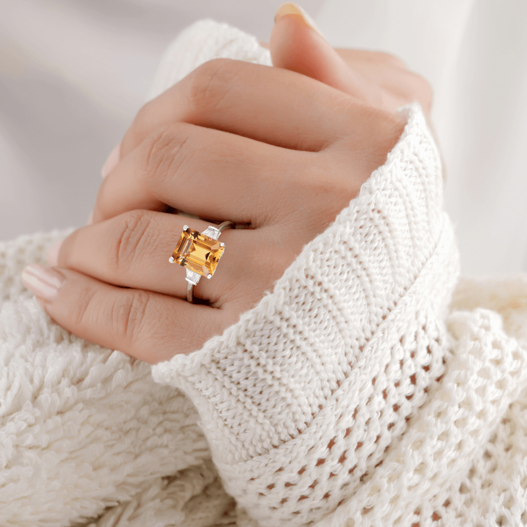 5.5 Ct Octagon Yellow Citrine and White Zircon Prong Silver Statement Solitaire Ring