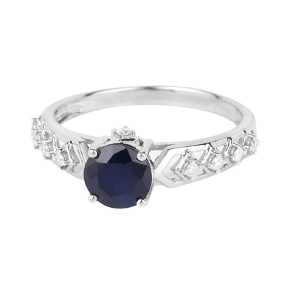 1.03 Ct Round Blue Sapphire & Diamond Prong 10k Gold Bridge Engagement Ring