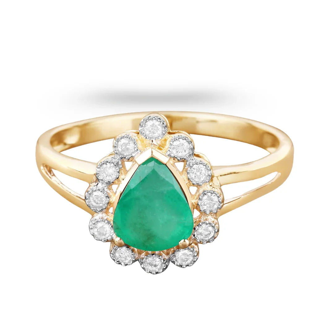 1.10 Ct Pear Green Zambian Emerald Diamond V-Prong 10k Gold Halo Statement Ring