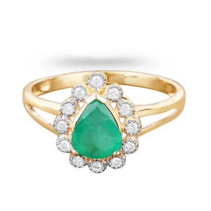 1.10 Ct Pear Green Zambian Emerald Diamond V-Prong 10k Gold Halo Statement Ring