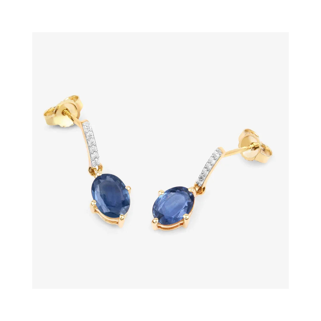 1.90 Ct Oval Blue Sapphire & Diamond Prong 10K Gold Dangle Earrings
