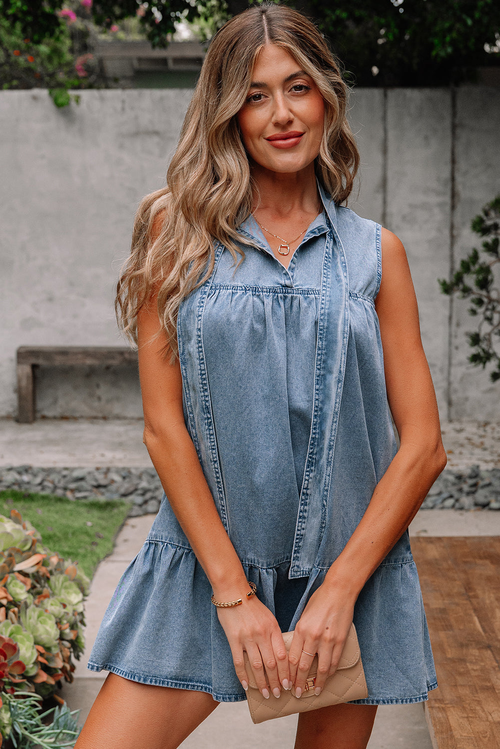 Threaded Pear Clare Sleeveless Ruffled Chambray Dress