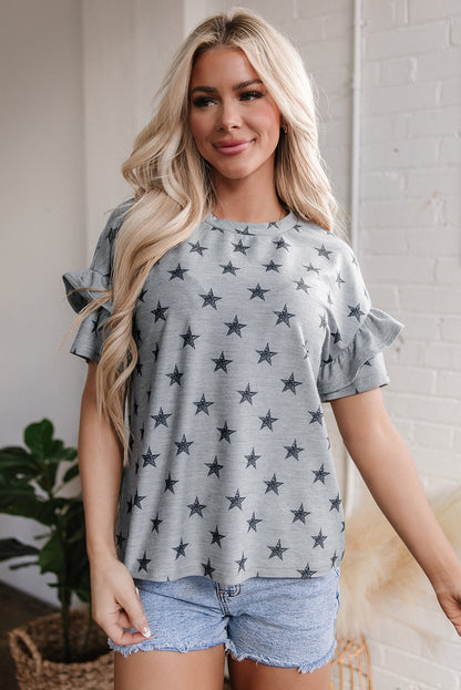 Threaded Pear Joelle Star Ruffled Sleeve Crew Neck Top