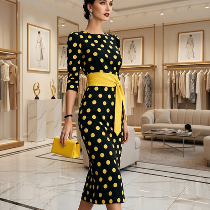 Women's Retro Polka-Dot Bodycon Midi Dress | Belted Waist Slim Fit