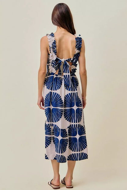 SO ME Abstract Print Smocked Bodice Tiered Lined Midi Dress