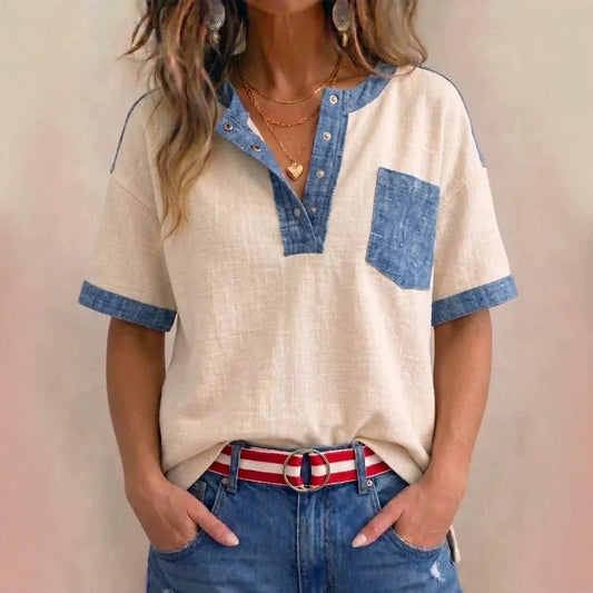 Women's Casual Loose-Fit Color-Block Patchwork Short-Sleeve Top