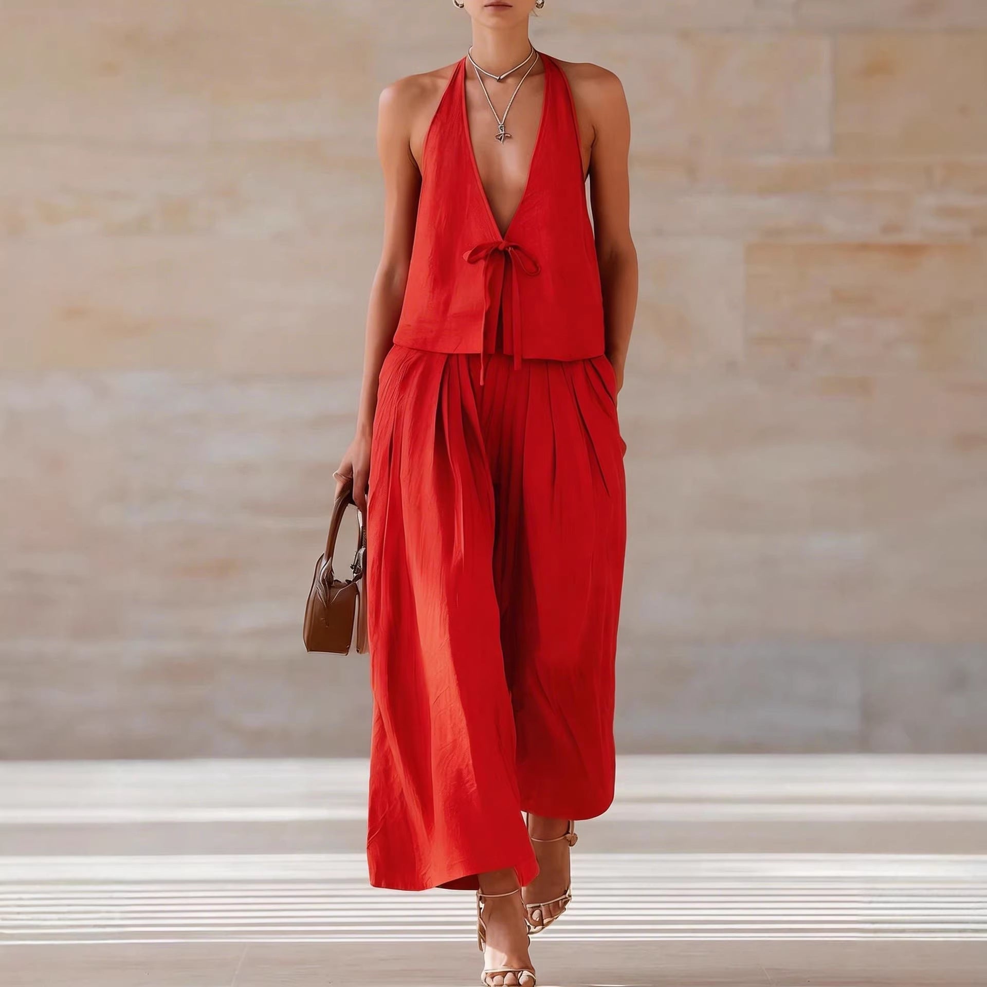 Women's Sleeveless Vest & Wide-Leg Pants Set – 2-Piece Lace-Up