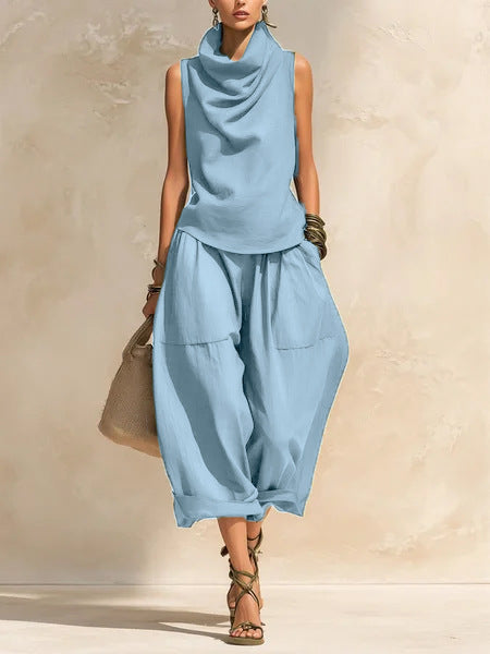 Women's Draped Cowl-Neck Sleeveless Top & Voluminous Balloon Lantern Trouser Set
