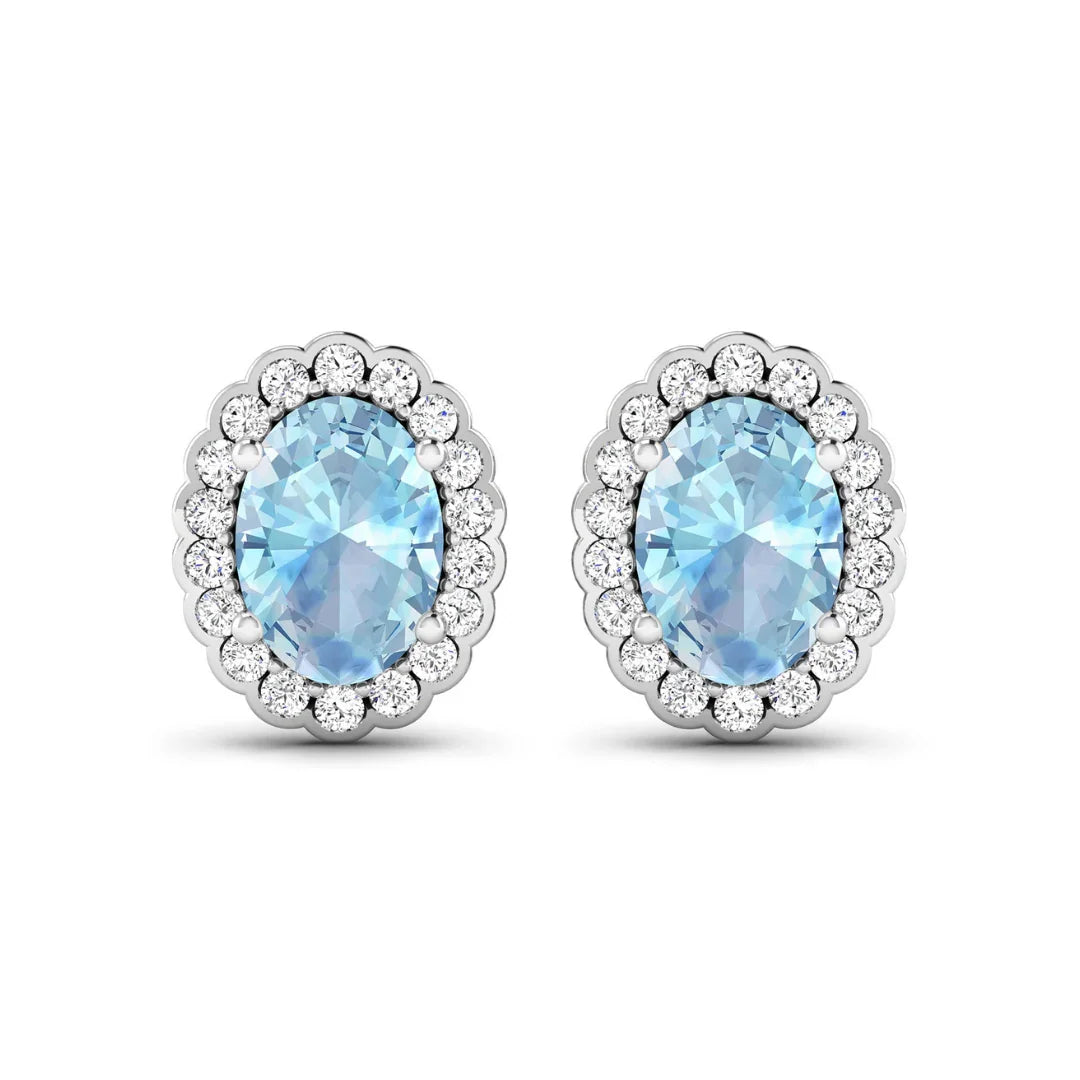 1.40 Ct Oval Blue Aquamarine & Diamond Prong 14k Gold Halo Stud Earrings