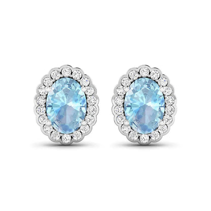 1.40 Ct Oval Blue Aquamarine & Diamond Prong 14k Gold Halo Stud Earrings