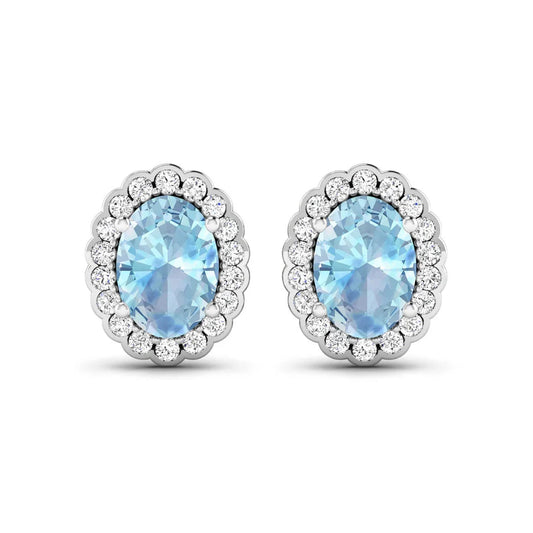 1.40 Ct Oval Blue Aquamarine & Diamond Prong 14k Gold Halo Stud Earrings