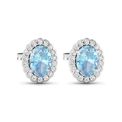 1.40 Ct Oval Blue Aquamarine & Diamond Prong 14k Gold Halo Stud Earrings