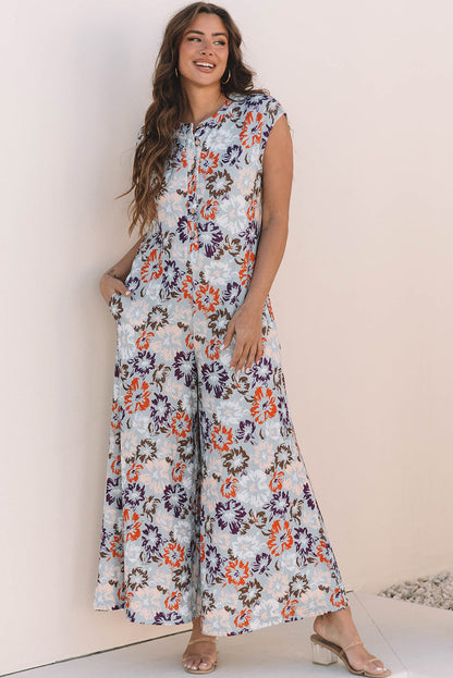 Threaded Pear Kylee Floral Sleeveless Buttoned Wide Leg Jumpsuit