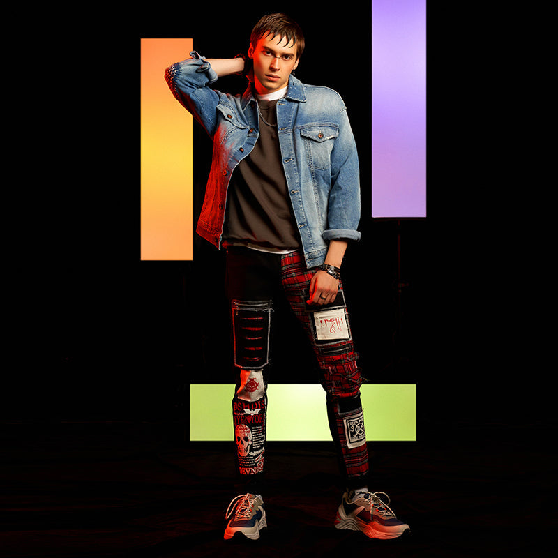 New Men’s Ripped Patch Pants Color Cloth Jeans