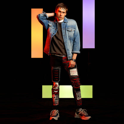 New Men’s Ripped Patch Pants Color Cloth Jeans
