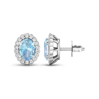 1.40 Ct Oval Blue Aquamarine & Diamond Prong 14k Gold Halo Stud Earrings
