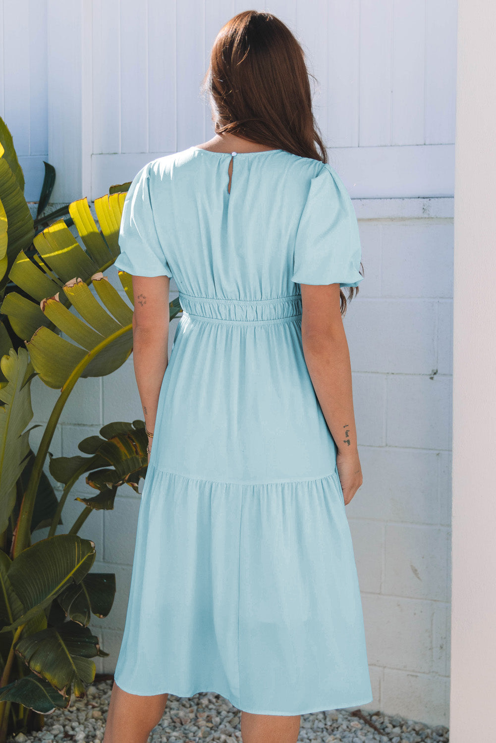 Threaded Pear Lara Puff Sleeve Pleated High Waist Midi Dress