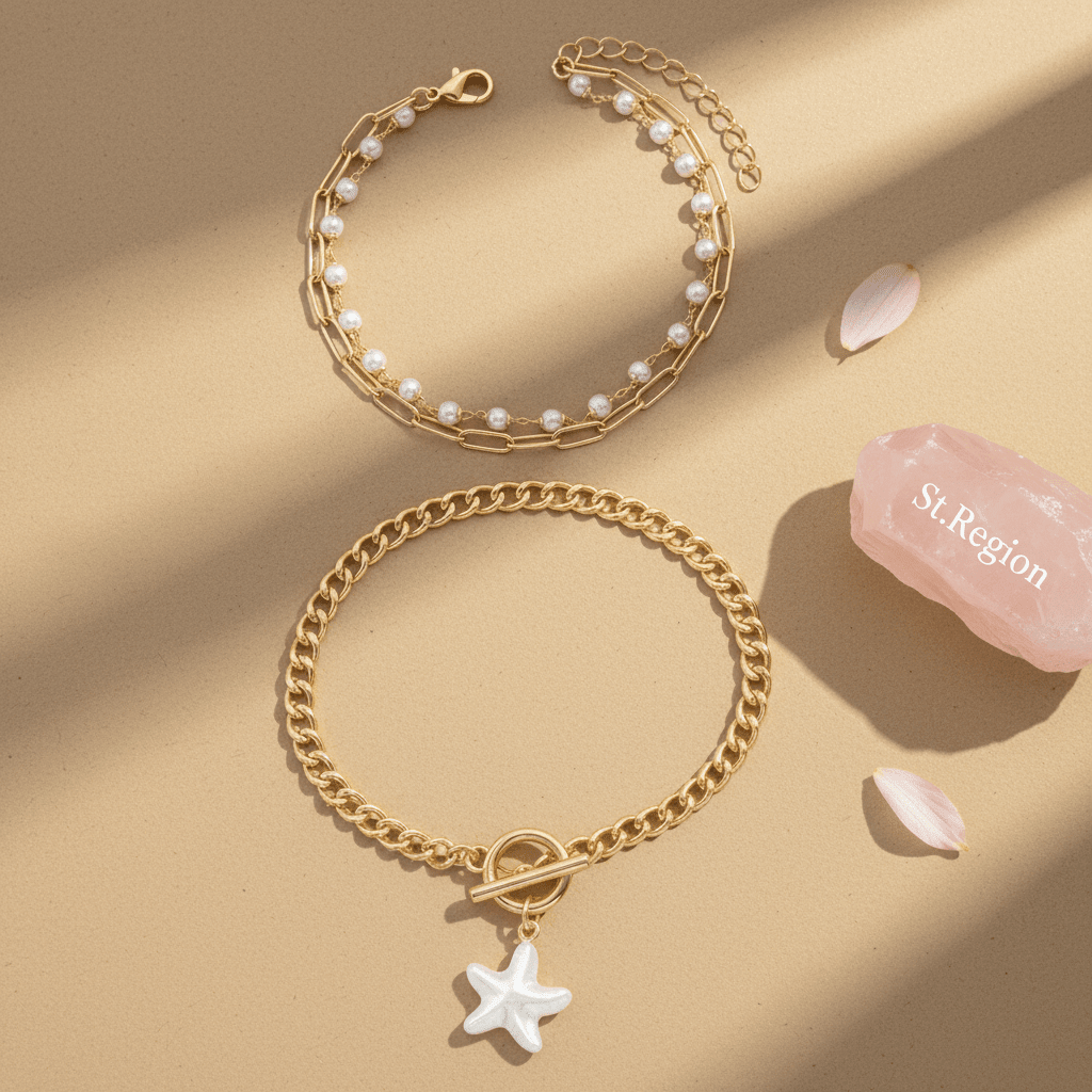 Pearl & Goldtone Starfish Charm Beads Chain Layered Anklet Set