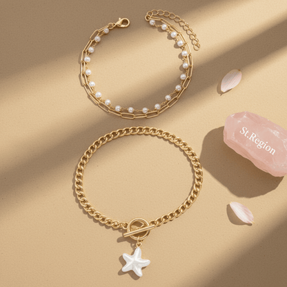 Pearl & Goldtone Starfish Charm Beads Chain Layered Anklet Set