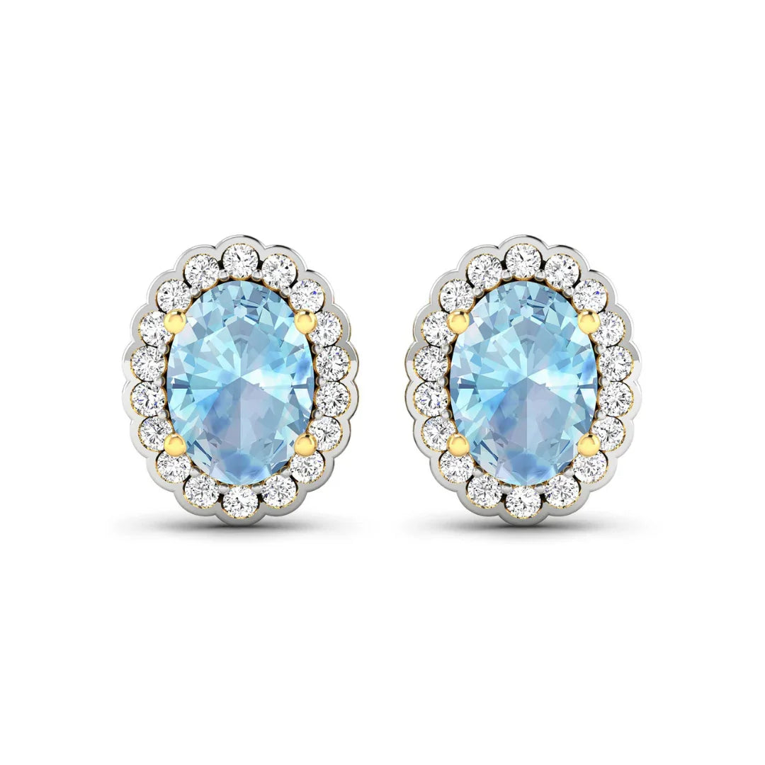 1.40 Ct Oval Blue Aquamarine & Diamond Prong 14k Gold Halo Stud Earrings