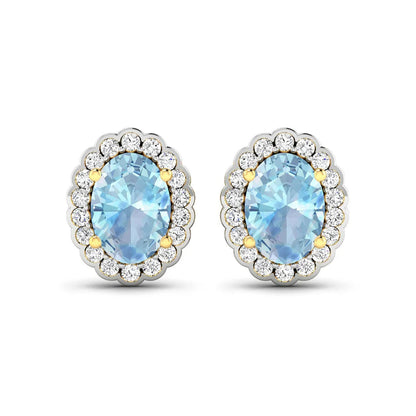 1.40 Ct Oval Blue Aquamarine & Diamond Prong 14k Gold Halo Stud Earrings