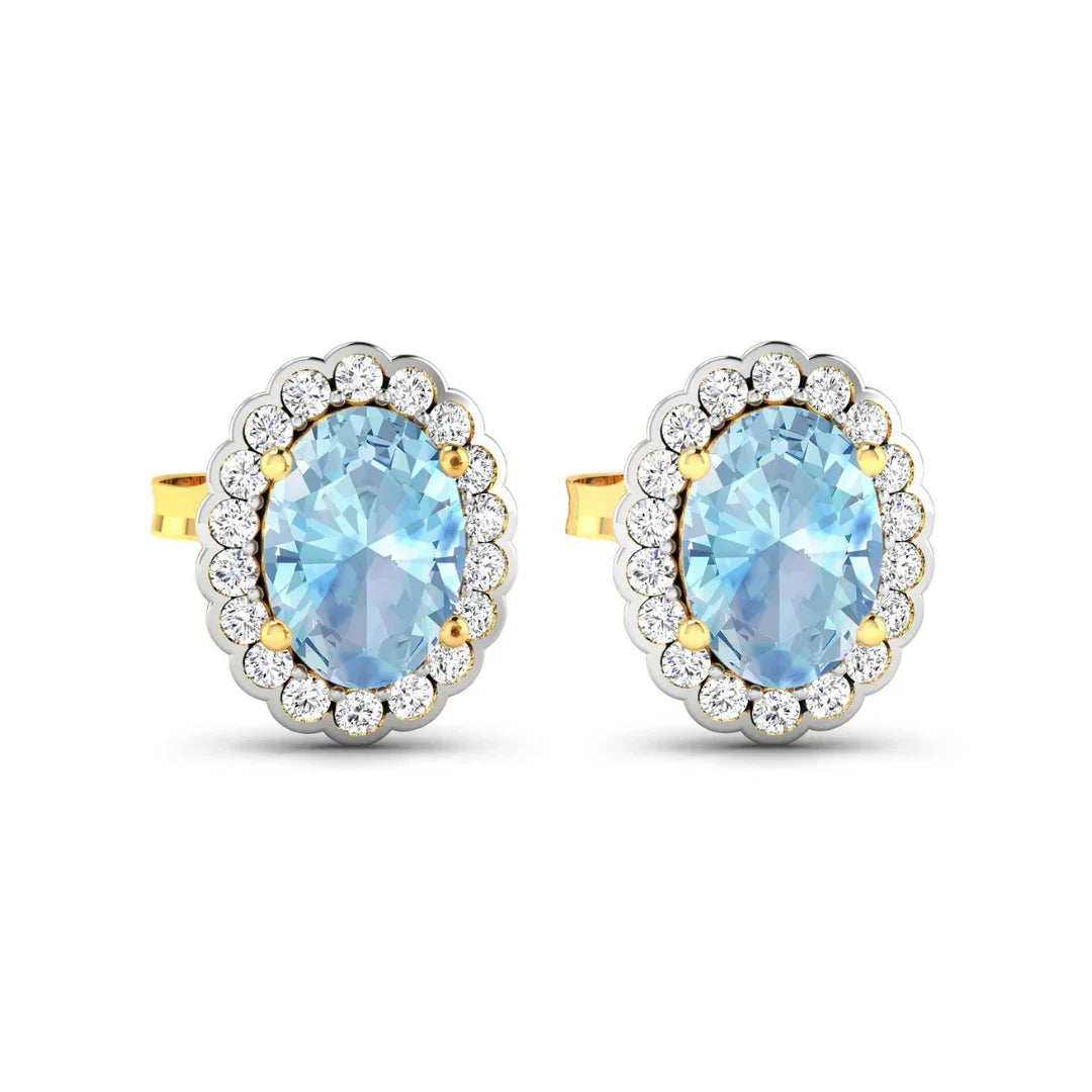1.40 Ct Oval Blue Aquamarine & Diamond Prong 14k Gold Halo Stud Earrings