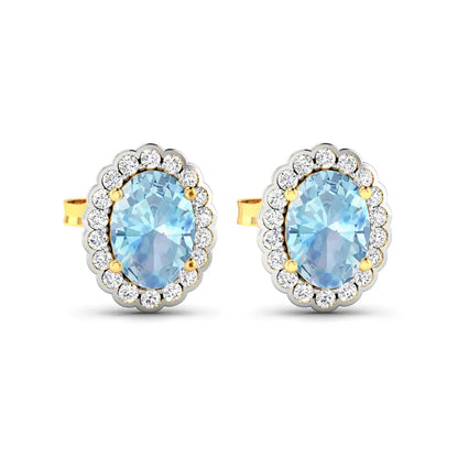 1.40 Ct Oval Blue Aquamarine & Diamond Prong 14k Gold Halo Stud Earrings