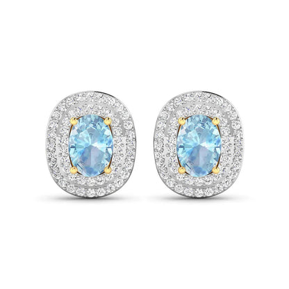 Genuine Diamond and Aquamarine Oval Stud Earrings