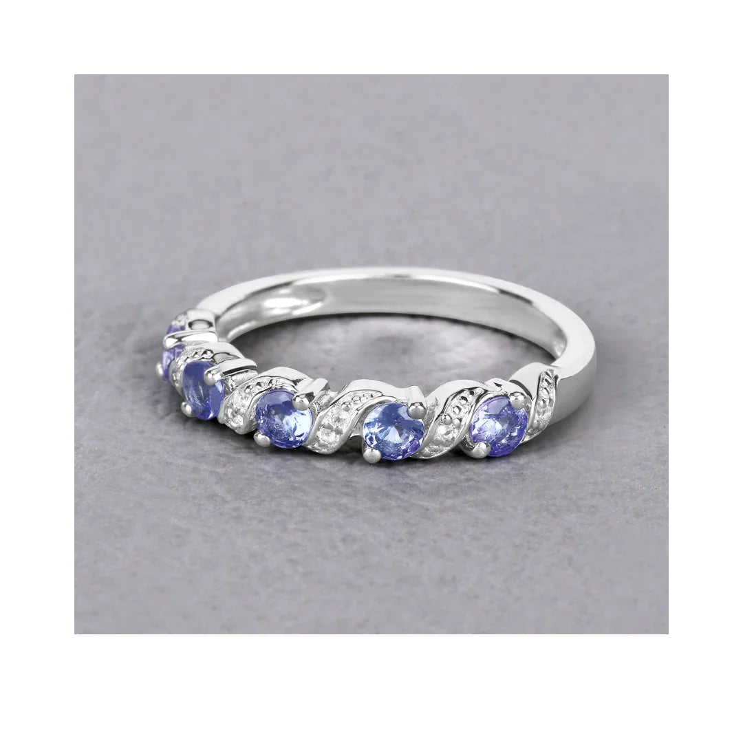 0.54 Ct Round Violet Tanzanite and White Topaz Prong Silver 5 Stone Ring