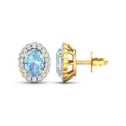 1.40 Ct Oval Blue Aquamarine & Diamond Prong 14k Gold Halo Stud Earrings