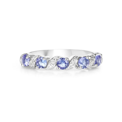 0.54 Ct Round Violet Tanzanite and White Topaz Prong Silver 5 Stone Ring
