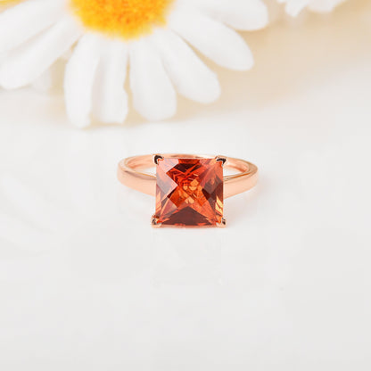 4.24 Ct Square Orange Lab Grown Padparadscha Sapphire Prong 18K Rose Gold Plated Silver Solitaire Ring