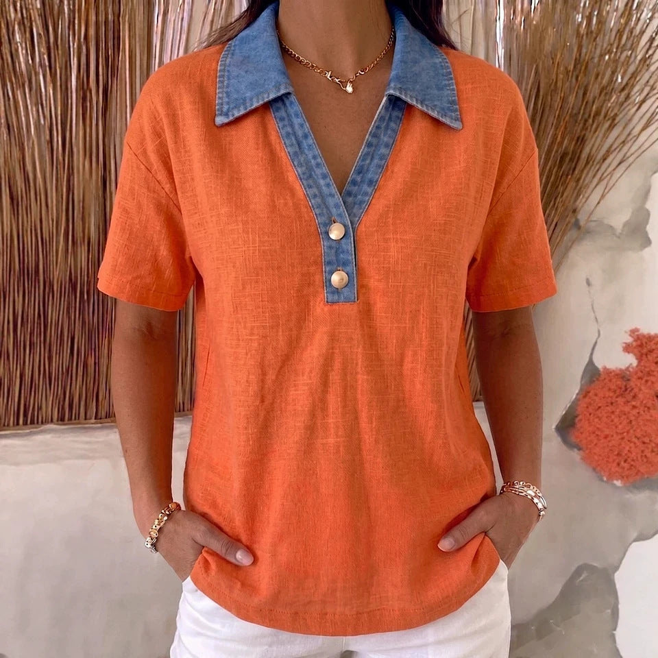 Women's Denim-Trimmed Linen Cotton Contrast Shirt