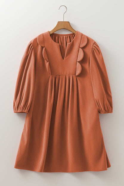 Threaded Pear Alyssa Split Neck Scallop Detail Pleated Corduroy Mini Dress