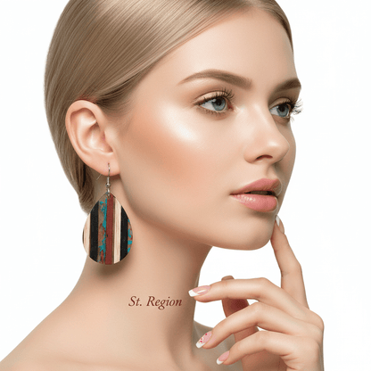 Multi-Colored Resin & Wood Silvertone Striped Teardrop Hook Earrings