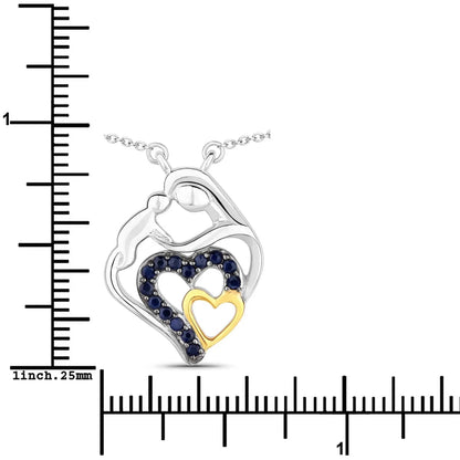 Round Blue Sapphire Prong Silver Double Heart Pendant Necklace