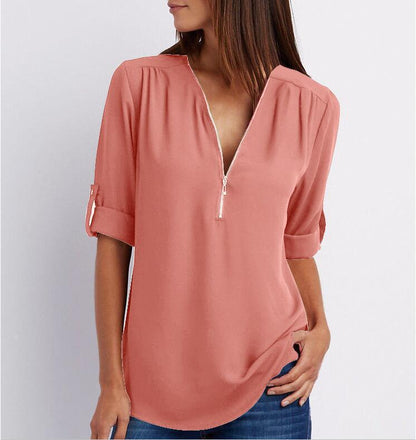 Women's Short-Sleeve Zip V-Neck Loose Top