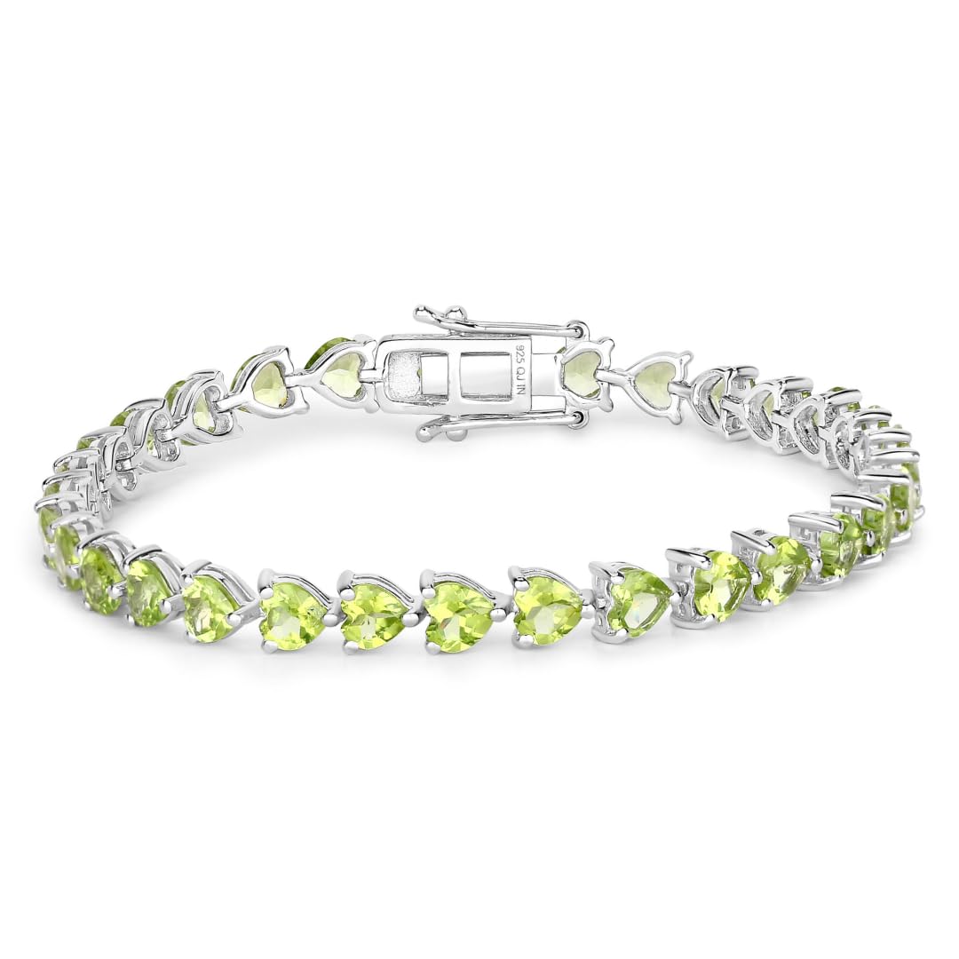 13.64 Ct Heart Green Peridot Prong Sterling Silver Box Clasp Tennis Bracelet
