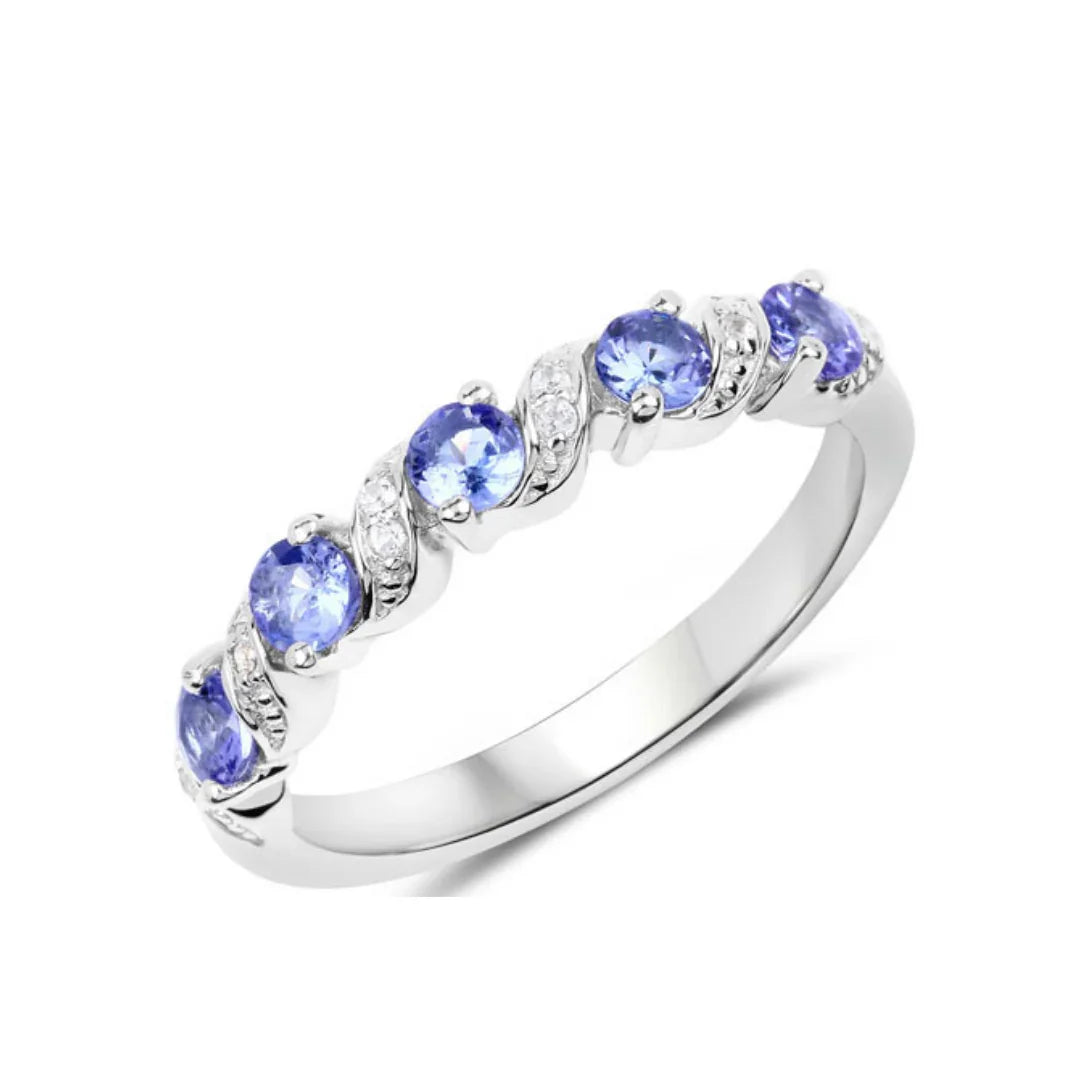 0.54 Ct Round Violet Tanzanite and White Topaz Prong Silver 5 Stone Ring