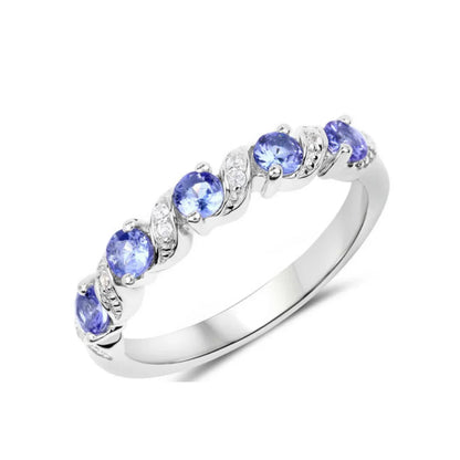0.54 Ct Round Violet Tanzanite and White Topaz Prong Silver 5 Stone Ring