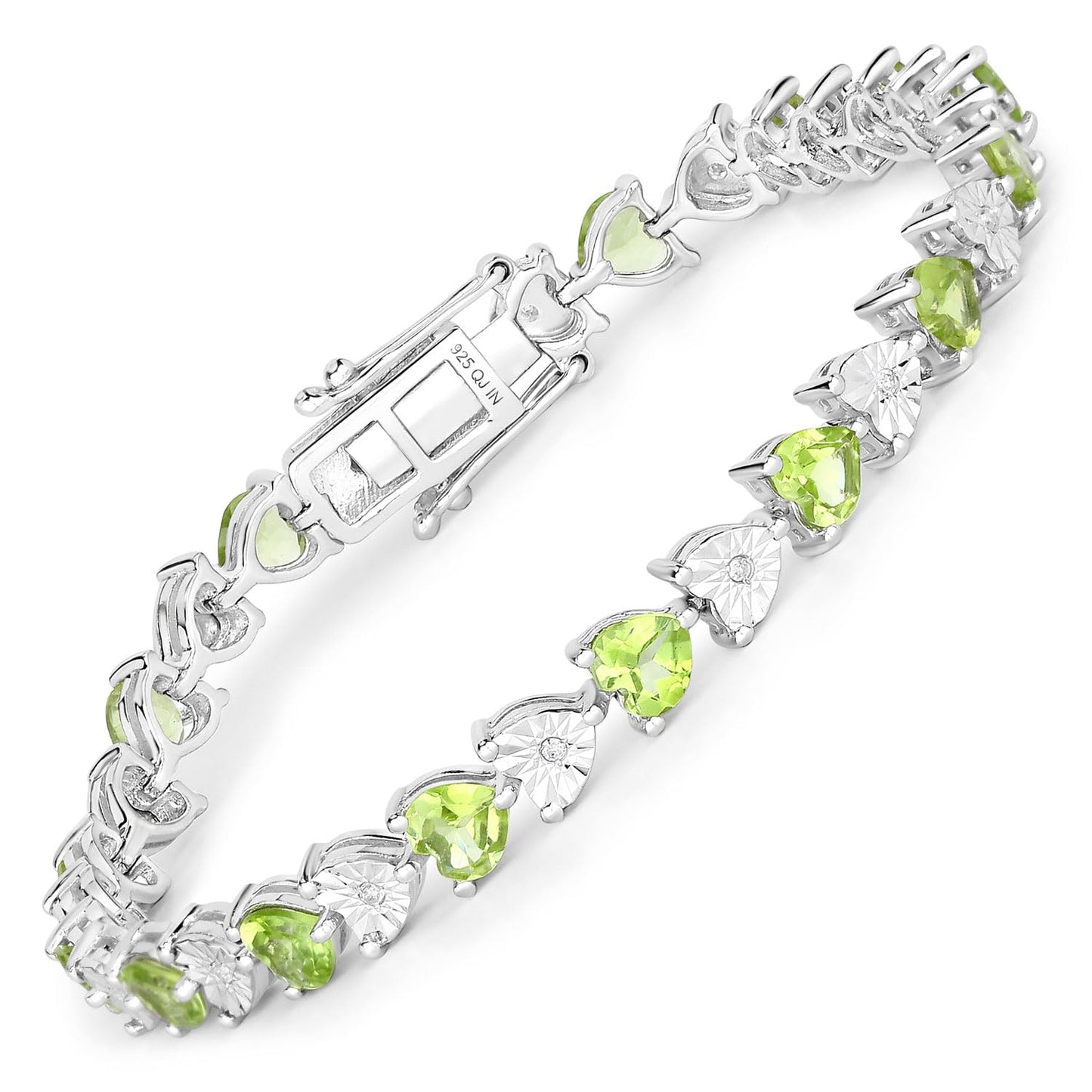 Heart Green Peridot & Diamond Prong Silver Tennis Bracelet