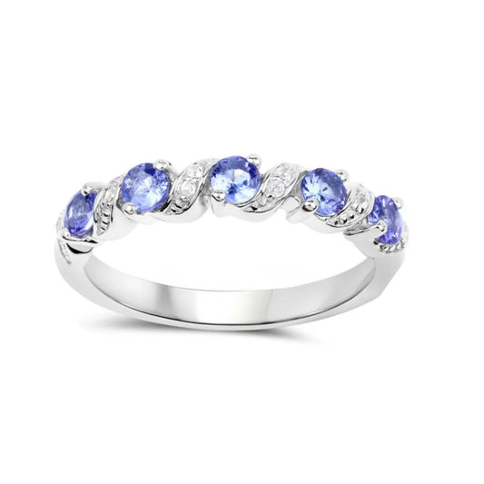 0.54 Ct Round Violet Tanzanite and White Topaz Prong Silver 5 Stone Ring