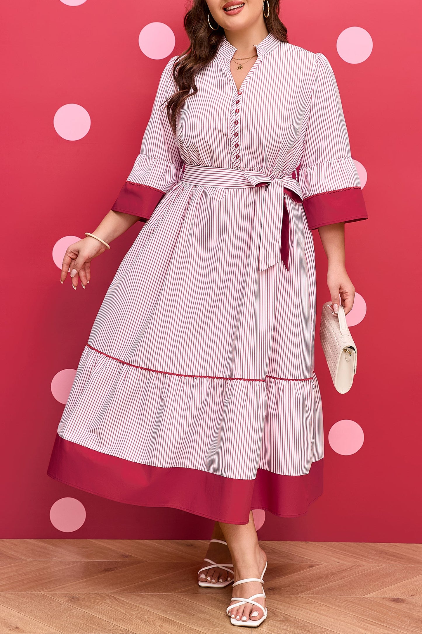 Threaded Pear Charlee Hem Pinstriped Midi PLUS Dress