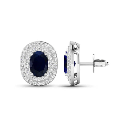 Genuine White Diamond and Blue Sapphire Studs