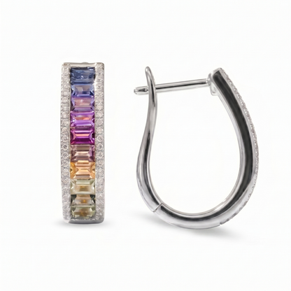 IGI Certified 2.13 Ct Multi Color Unheated Sapphire Diamond channel-set 14K White Gold J Hoop Earrings